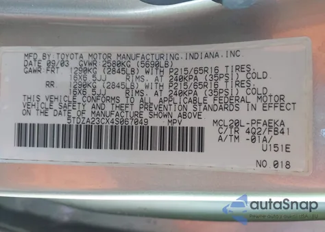 2004 Toyota Sienna Le z USA, uszkodzony, nr VIN 5TDZA23CX4S067049